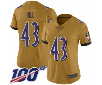 Women's Baltimore Ravens #43 Justice Hill Limited Gold Inverted Legend 100th Season Football Jersey