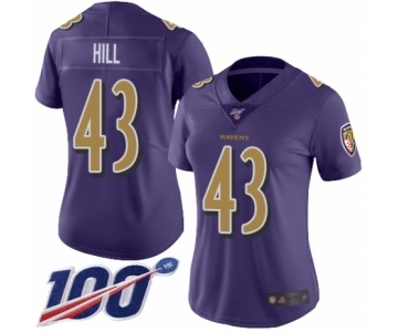 Women's Baltimore Ravens #43 Justice Hill Limited Purple Rush Vapor Untouchable 100th Season Football Jersey