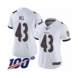 Women's Baltimore Ravens #43 Justice Hill White Vapor Untouchable Limited Player 100th Season Football Jersey