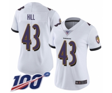 Women's Baltimore Ravens #43 Justice Hill White Vapor Untouchable Limited Player 100th Season Football Jersey