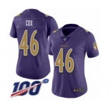 Women's Baltimore Ravens #46 Morgan Cox Limited Purple Rush Vapor Untouchable 100th Season Football Jersey