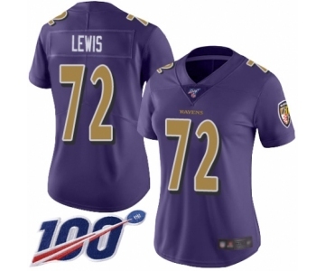 Women's Baltimore Ravens #72 Alex Lewis Limited Purple Rush Vapor Untouchable 100th Season Football Jersey