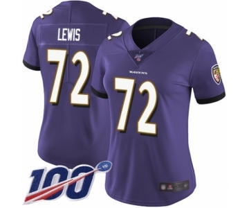 Women's Baltimore Ravens #72 Alex Lewis Purple Team Color Vapor Untouchable Limited Player 100th Season Football Jersey