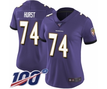 Women's Baltimore Ravens #74 James Hurst Purple Team Color Vapor Untouchable Limited Player 100th Season Football Jersey