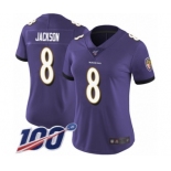 Women's Baltimore Ravens #8 Lamar Jackson Purple Team Color Vapor Untouchable Limited Player 100th Season Football Jersey