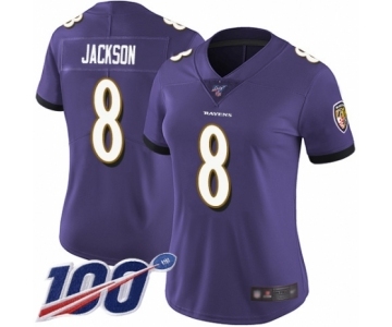 Women's Baltimore Ravens #8 Lamar Jackson Purple Team Color Vapor Untouchable Limited Player 100th Season Football Jersey