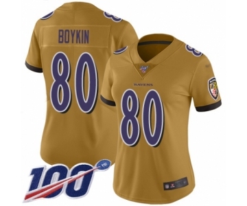 Women's Baltimore Ravens #80 Miles Boykin Limited Gold Inverted Legend 100th Season Football Jersey