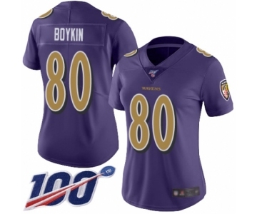 Women's Baltimore Ravens #80 Miles Boykin Limited Purple Rush Vapor Untouchable 100th Season Football Jersey