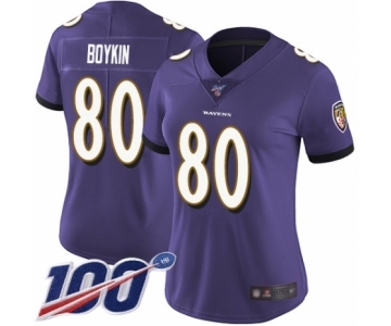 Women's Baltimore Ravens #80 Miles Boykin Purple Team Color Vapor Untouchable Limited Player 100th Season Football Jersey