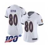 Women's Baltimore Ravens #80 Miles Boykin White Vapor Untouchable Limited Player 100th Season Football Jersey