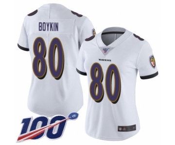 Women's Baltimore Ravens #80 Miles Boykin White Vapor Untouchable Limited Player 100th Season Football Jersey