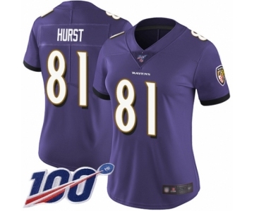 Women's Baltimore Ravens #81 Hayden Hurst Purple Team Color Vapor Untouchable Limited Player 100th Season Football Jersey