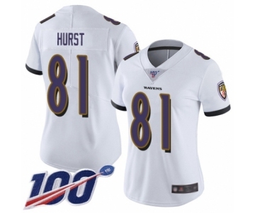 Women's Baltimore Ravens #81 Hayden Hurst White Vapor Untouchable Limited Player 100th Season Football Jersey