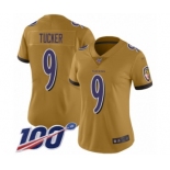 Women's Baltimore Ravens #9 Justin Tucker Limited Gold Inverted Legend 100th Season Football Jersey