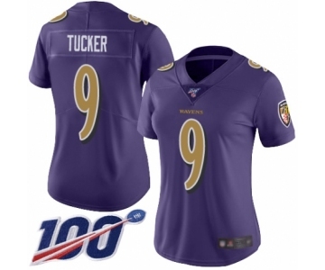 Women's Baltimore Ravens #9 Justin Tucker Limited Purple Rush Vapor Untouchable 100th Season Football Jersey