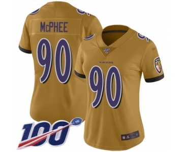 Women's Baltimore Ravens #90 Pernell McPhee Limited Gold Inverted Legend 100th Season Football Jersey