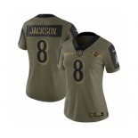 Women's Baltimore Ravens Lamar Jackson Football Olive 2021 Salute To Service Limited Player Jersey