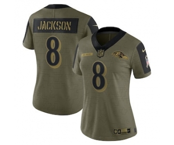 Women's Baltimore Ravens Lamar Jackson Football Olive 2021 Salute To Service Limited Player Jersey