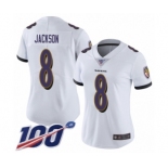 Women's Nike Baltimore Ravens #8 Lamar Jackson White Vapor Untouchable Limited Player 100th Season NFL Jersey