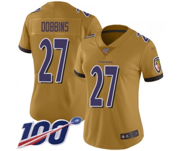 Women's Nike Ravens #27 J.K. Dobbins Gold  Stitched NFL Limited Inverted Legend 100th Season Jersey