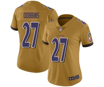 Women's Nike Ravens #27 J.K. Dobbins Gold Stitched NFL Limited Inverted Legend Jersey