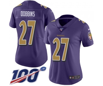 Women's Nike Ravens #27 J.K. Dobbins Purple Stitched NFL Limited Rush 100th Season Jersey