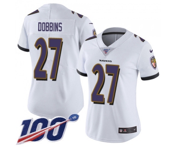 Women's Nike Ravens #27 J.K. Dobbins White Stitched NFL 100th Season Vapor Untouchable Limited Jersey