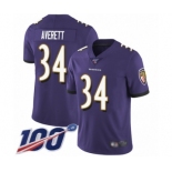 Youth Baltimore Ravens #34 Anthony Averett Purple Team Color Vapor Untouchable Limited Player 100th Season Football Jersey