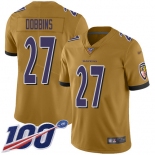 Youth Nike Ravens #27 J.K. Dobbins Gold Stitched NFL Limited Inverted Legend 100th Season Jersey