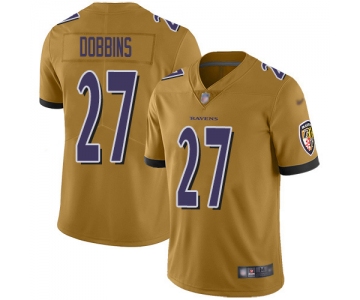 Youth Nike Ravens #27 J.K. Dobbins Gold Stitched NFL Limited Inverted Legend Jersey