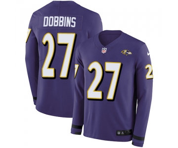 Youth Nike Ravens #27 J.K. Dobbins Purple Team Color Stitched NFL Limited Therma Long Sleeve Jersey