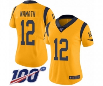 Women's Los Angeles Rams #12 Joe Namath Limited Gold Rush Vapor Untouchable 100th Season Football Jersey