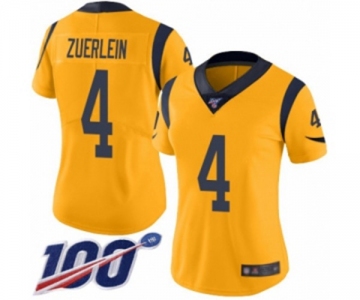 Women's Los Angeles Rams #4 Greg Zuerlein Limited Gold Rush Vapor Untouchable 100th Season Football Jersey