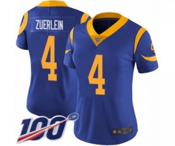 Women's Los Angeles Rams #4 Greg Zuerlein Royal Blue Alternate Vapor Untouchable Limited Player 100th Season Football Jersey