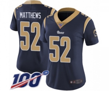 Women's Los Angeles Rams #52 Clay Matthews Navy Blue Team Color Vapor Untouchable Limited Player 100th Season Football Jersey