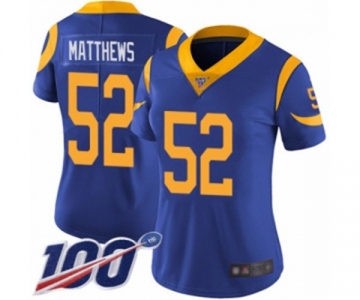 Women's Los Angeles Rams #52 Clay Matthews Royal Blue Alternate Vapor Untouchable Limited Player 100th Season Football Jersey