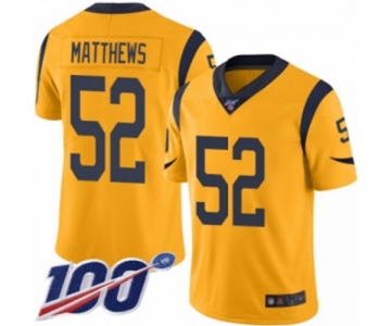 Youth Los Angeles Rams #52 Clay Matthews Limited Gold Rush Vapor Untouchable 100th Season Football Jersey