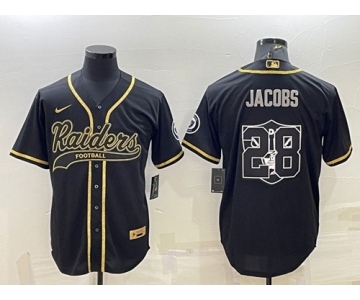 Men's Las Vegas Raiders #28 Josh Jacobs Black Gold Team Big Logo With Patch Cool Base Stitched Baseball Jersey