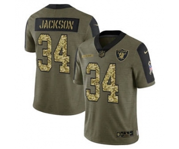 Men's Las Vegas Raiders #34 Bo Jackson 2021 Olive Camo Salute To Service Limited Stitched Football Jersey