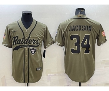 Men's Las Vegas Raiders #34 Bo Jackson 2022 Olive Salute to Service Cool Base Stitched Baseball Jersey