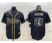 Men's Las Vegas Raiders #34 Bo Jackson Black Gold Team Big Logo With Patch Cool Base Stitched Baseball Jersey