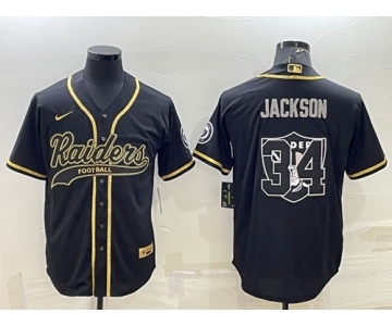 Men's Las Vegas Raiders #34 Bo Jackson Black Gold Team Big Logo With Patch Cool Base Stitched Baseball Jersey