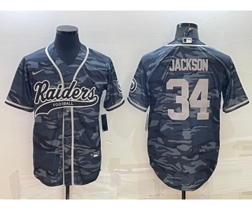 Men's Las Vegas Raiders #34 Bo Jackson Grey Camo With Patch Cool Base Stitched Baseball Jersey