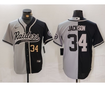 Men's Las Vegas Raiders #34 Bo Jackson Number Grey Black Split Cool Base Stitched Baseball Jersey