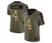 Men's Las Vegas Raiders #4 Derek Carr 2021 Olive Camo Salute To Service Limited Stitched Football Jersey