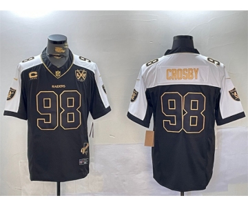 Men's Las Vegas Raiders #98 Maxx Crosby Black Gold F.U.S.E. With Nevada Silver Stat Patch And 65th Anniversary Patch 4-Star C Patch Limited Stitched Footba