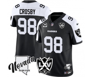 Men's Las Vegas Raiders #98 Maxx Crosby Black White 2024 F.U.S.E With Nevada Silver Stat Patch And 65th Anniversary Patch 3-Star C Patch Stitched Football 