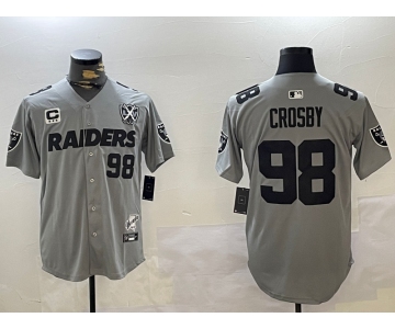 Men's Las Vegas Raiders #98 Maxx Crosby Grey Nevada Silver State And 65th Patch Stitched Baseball Jersey