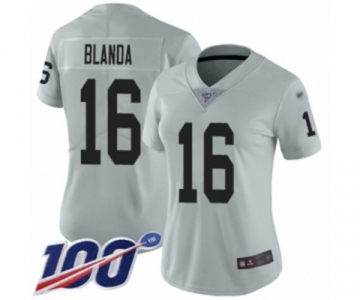 Women's Oakland Raiders #16 George Blanda Limited Silver Inverted Legend 100th Season Football Jersey