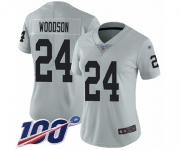 Women's Oakland Raiders #24 Charles Woodson Limited Silver Inverted Legend 100th Season Football Jersey